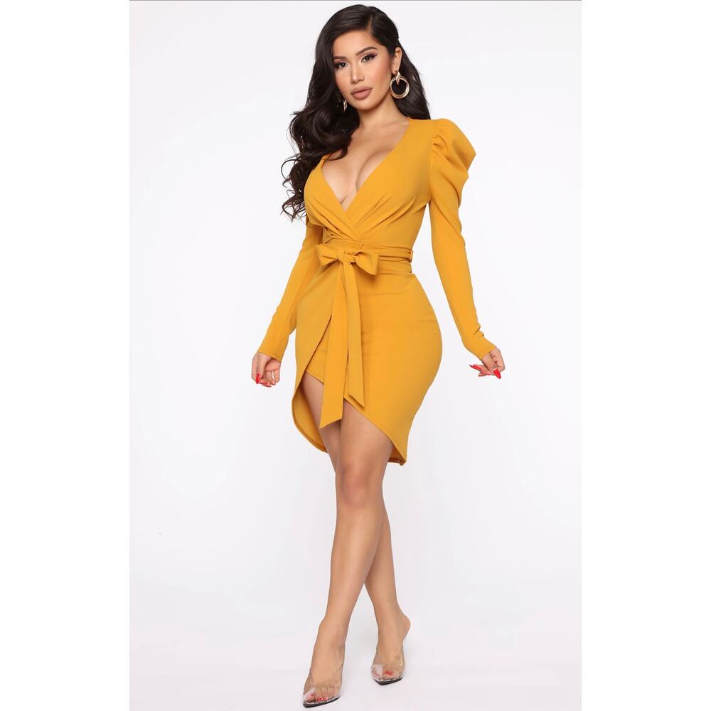 Fashion Nova Mustard Puff Sleeve Mini Dress with Front Tie Belt Size Small